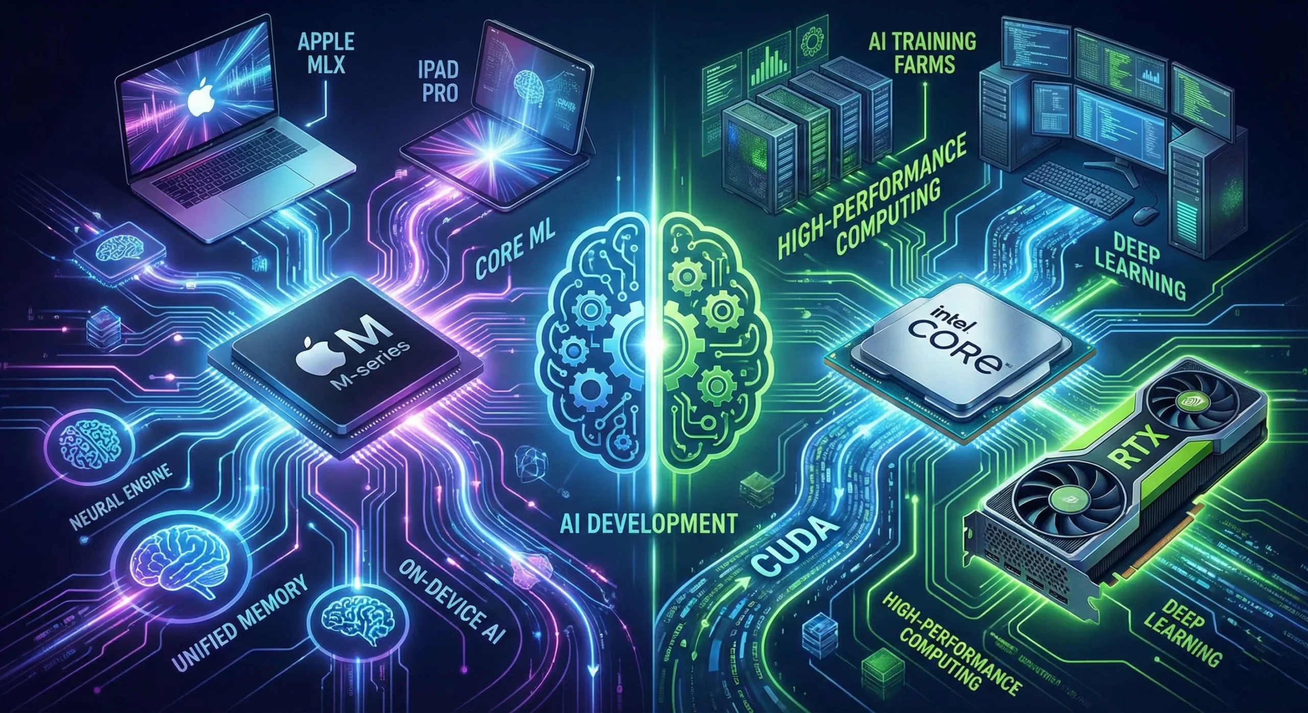 Yapay Zeka Mini PC Karşılaştırması: Intel vs Apple 1 Apple vs Intel AI scaled.webp